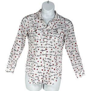 Karl Lagerfeld Paris XS White Blouse Red Heart Script Button Up Roll Tab Sleeve